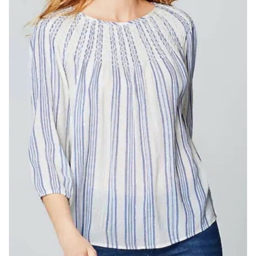 J.Jill‎ Striped Smocked Metallic Glitter Lurex Blouse Petite M Boho Peasant Top